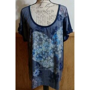 Women's Blue SS Top Sz 2X Floral Heart Rhinestones Knit Pullover